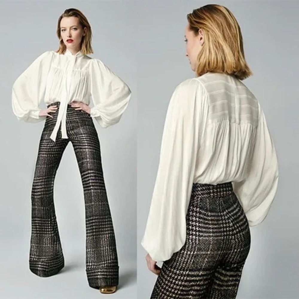 NWT Smythe Bishop Sleeve Tie Neck Long Sleeve Blouse in White Shadow Stripe - Picture 1 of 5